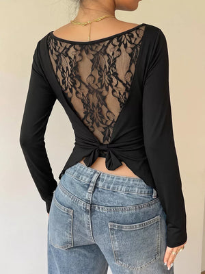 Black Lace Back Tie Long Sleeve Top