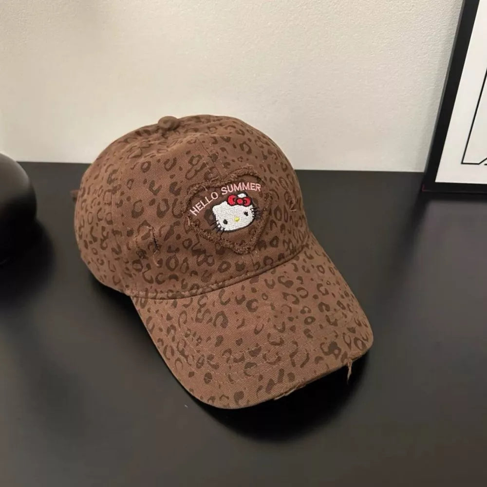 Brown leopard print baseball hat with Hello Kitty and Hello Summer embroidery.