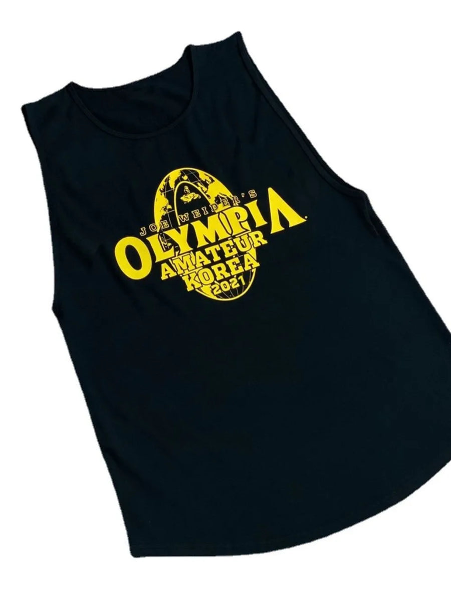 Black Olympia Graphic Muscle Tank with yellow text and globe graphic.