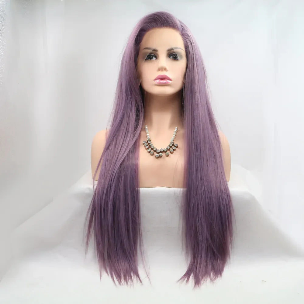 Lavender Luxe lace front wig with straight silhouette and purple color.