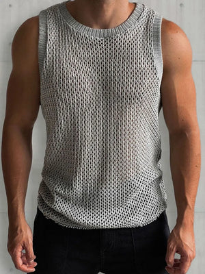 Gray open-knit tank top with ribbed trim and crew neck