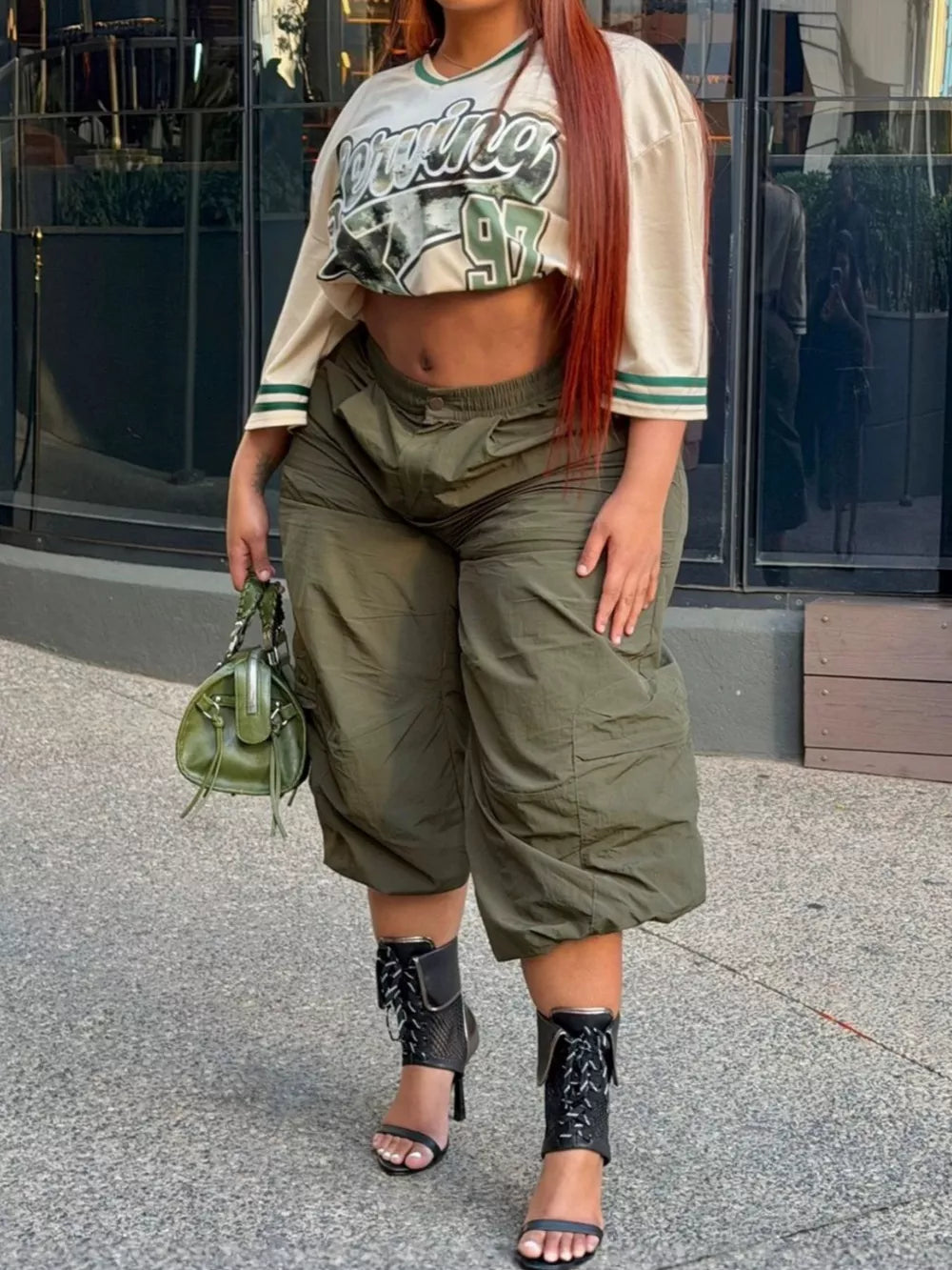 Army Green Baggy Cargo Cropped Pants