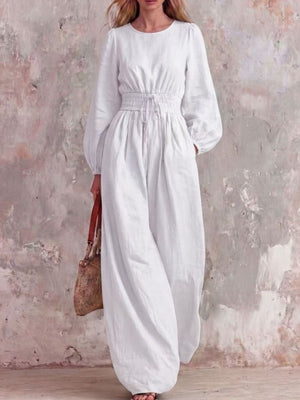 Smocked Waist Long-Sleeve Jumpsuit in Khaki Color with pocketed