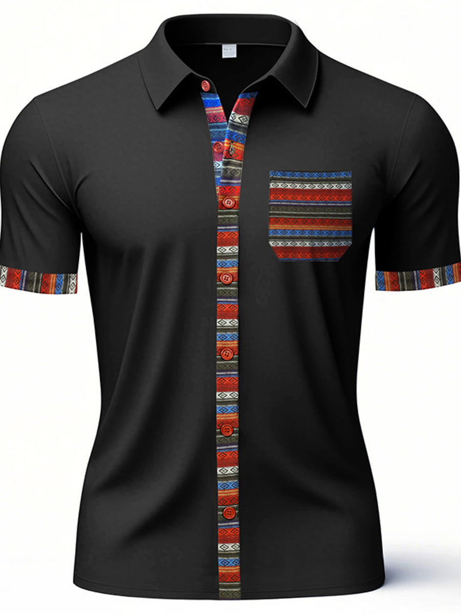 Black cotton short sleeve men's shirt with colorful trim on placket, pocket, and sleeves.