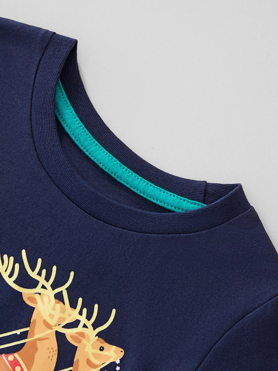 Dark navy cotton tee with reindeer graphic and teal neck trim.