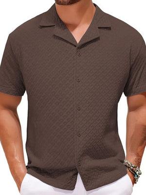 Textured quilted camp collar shirt in coffee brown with button front and short sleeves.