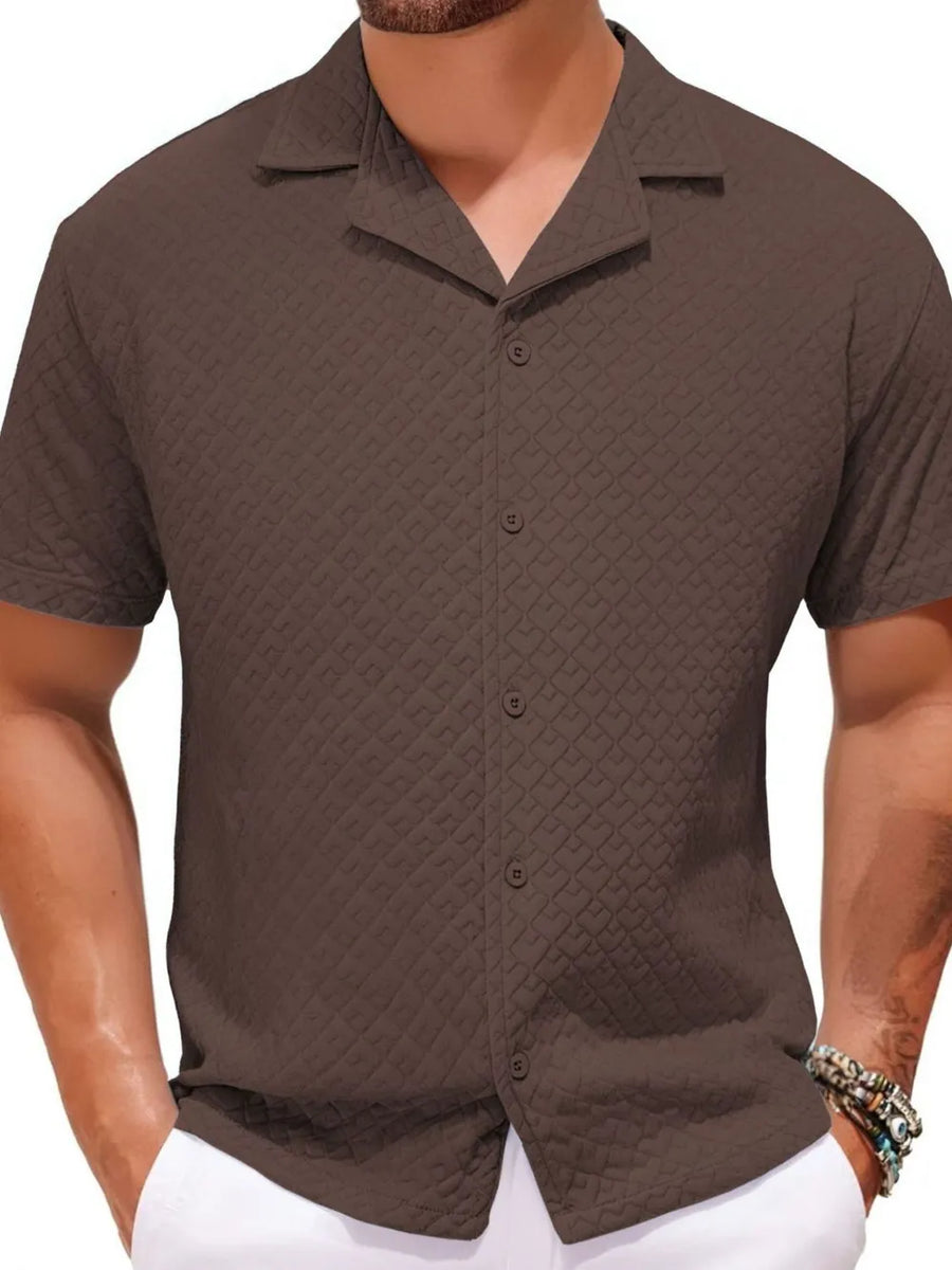 Textured quilted camp collar shirt in coffee brown with button front and short sleeves.