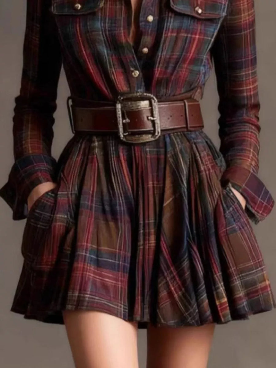 navy blue shirt dress featuring buttoned and plaid