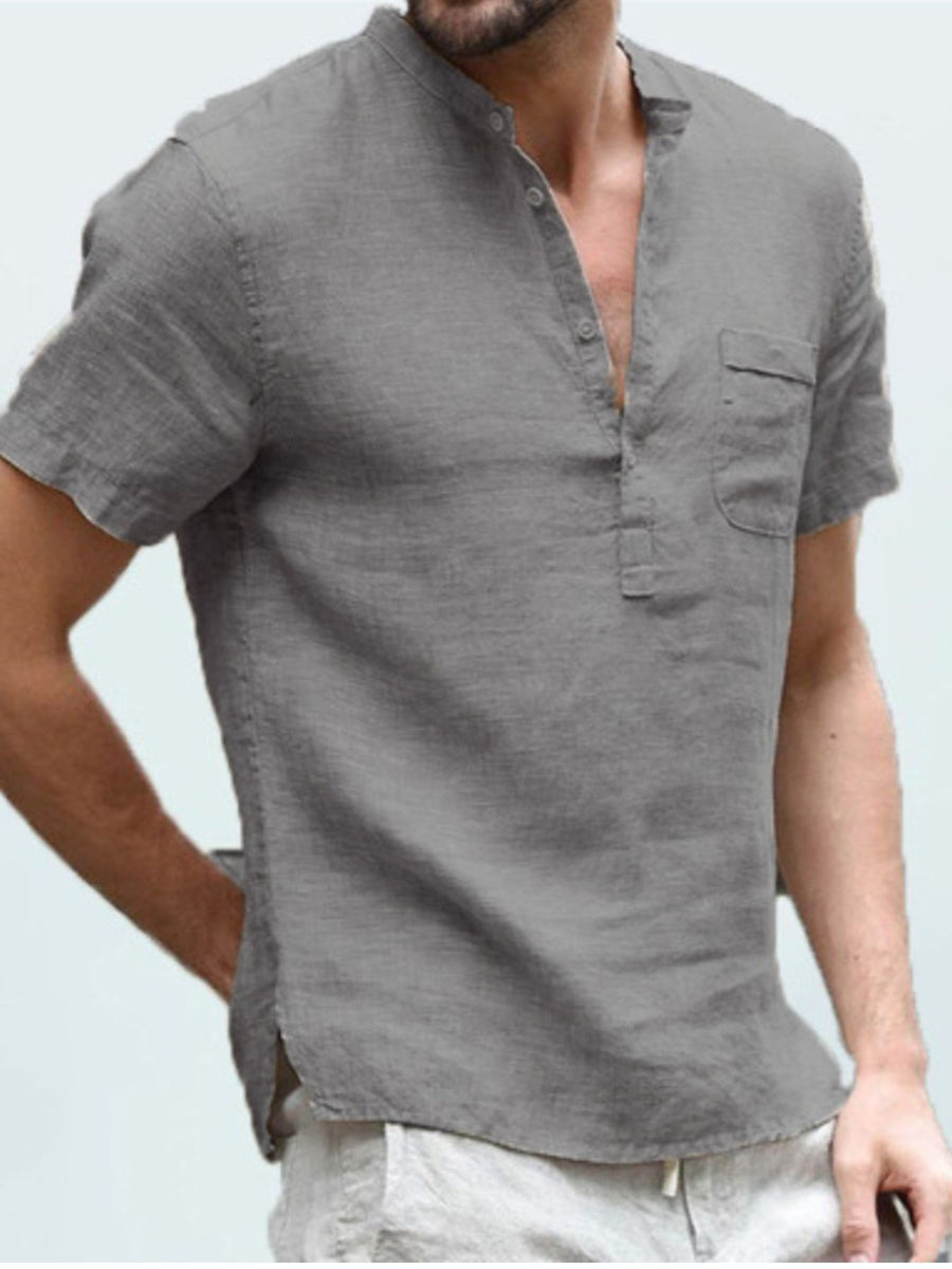 Men's grey cotton blend casual shirt with button detail and chest pocket