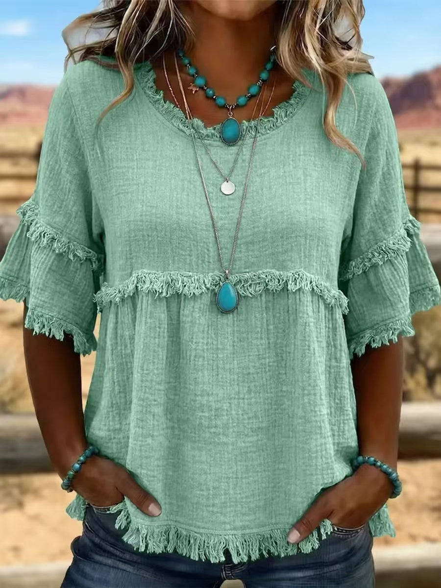 boho blouse in Gray with round neck