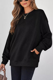 black sweatshirt with hip-length and pullover