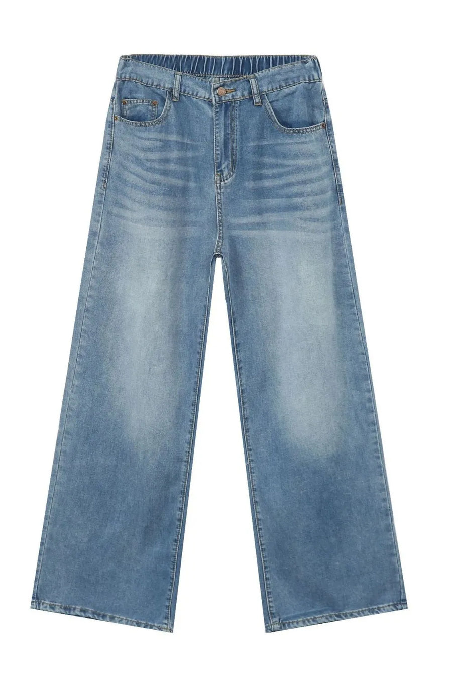 Light blue denim jeans with a wide leg and elastic waistband.