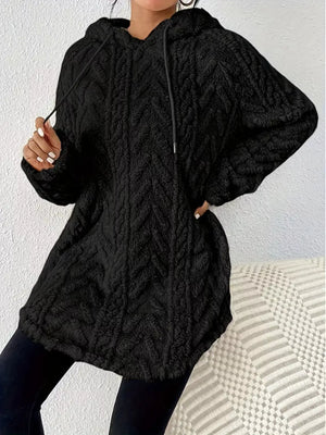 Black textured drawstring fleece hoodie with chevron pattern