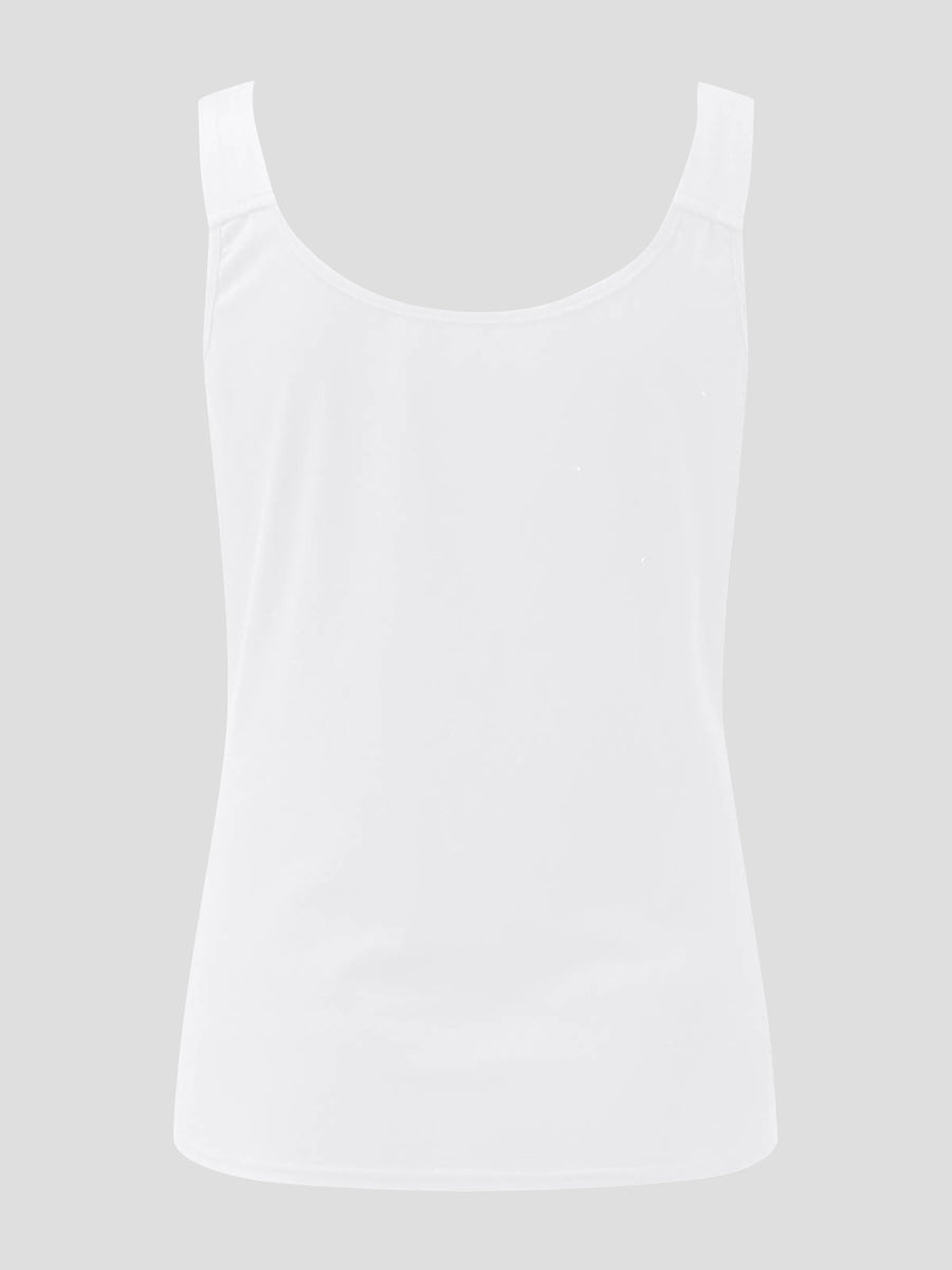 White ribbed tank top with scoop neck and lace inset detail.