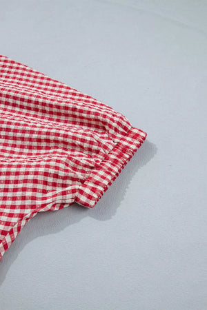 Gingham checkered maternity overshirt in strawberry red with elasticated half sleeves.