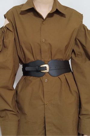 Black sculpted waistband belt with gold Western buckle detail.