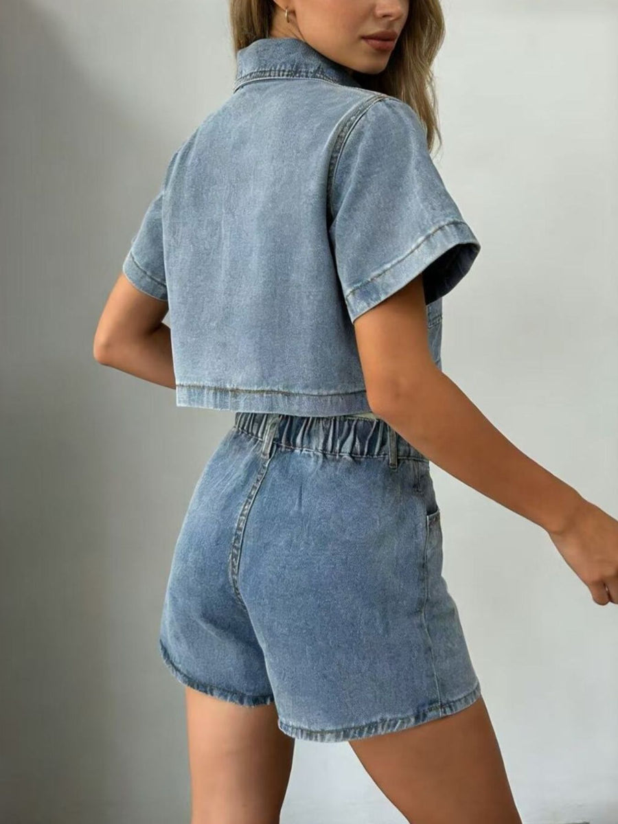 Light wash denim shorts with elastic waistband