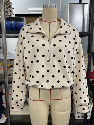 Coffee Brown sweatshirt with half-zip and polka dot