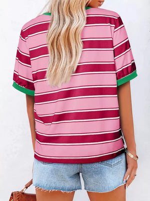 Striped crew neck tee in pink and maroon with green trim.