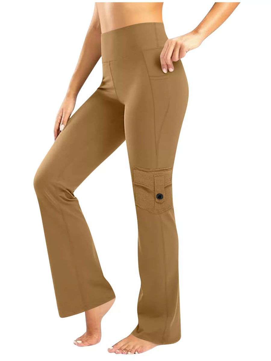 Khaki pocketed high-waisted yoga pants with flared leg and cargo pocket detail