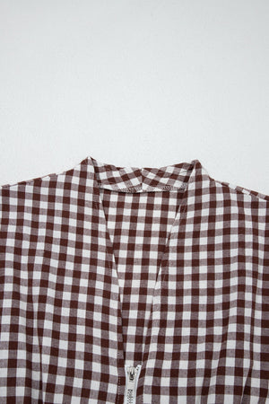 Gingham zip-front midi dress in taupe cotton with a V-neckline.