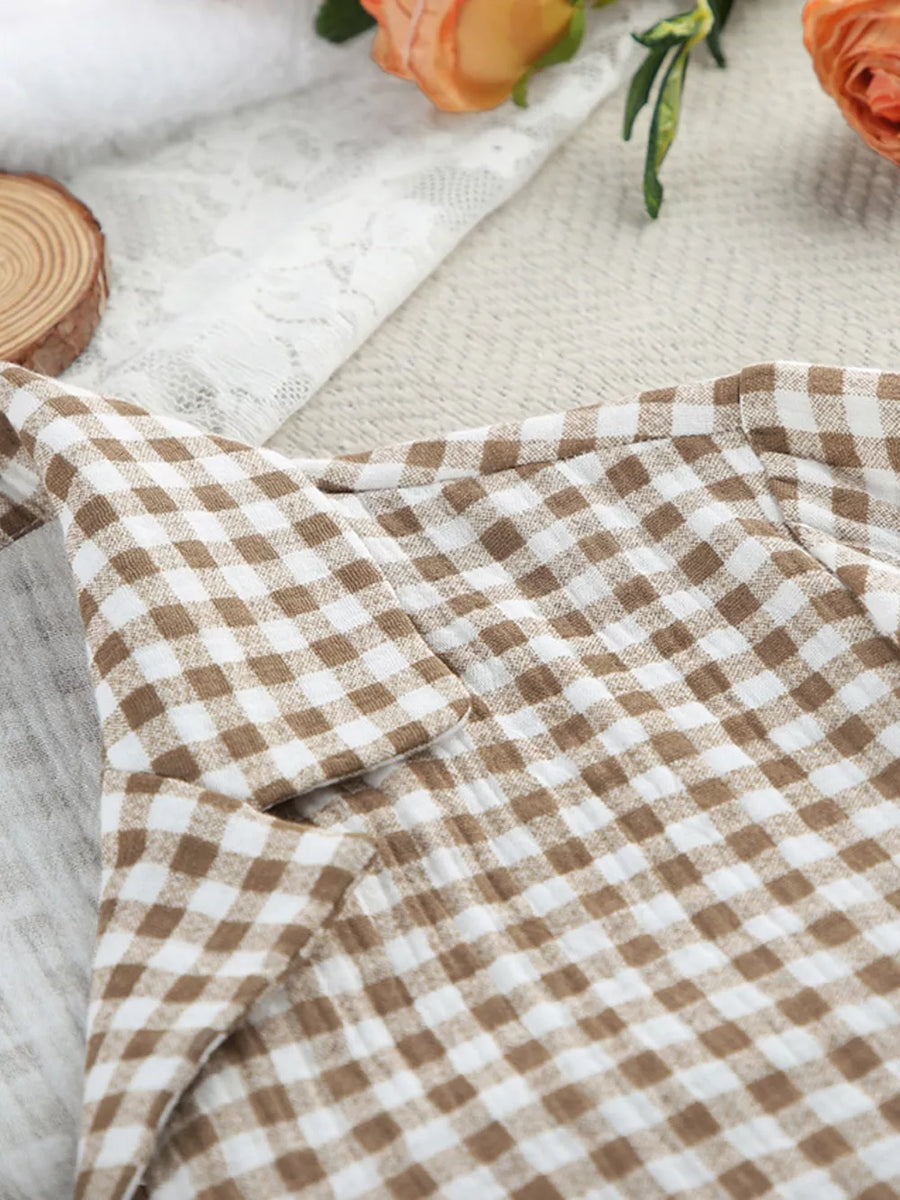 cream pajama set with button-front, elastic and gingham