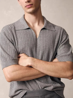 Gray ribbed knit polo shirt with Johnny collar and short sleeves