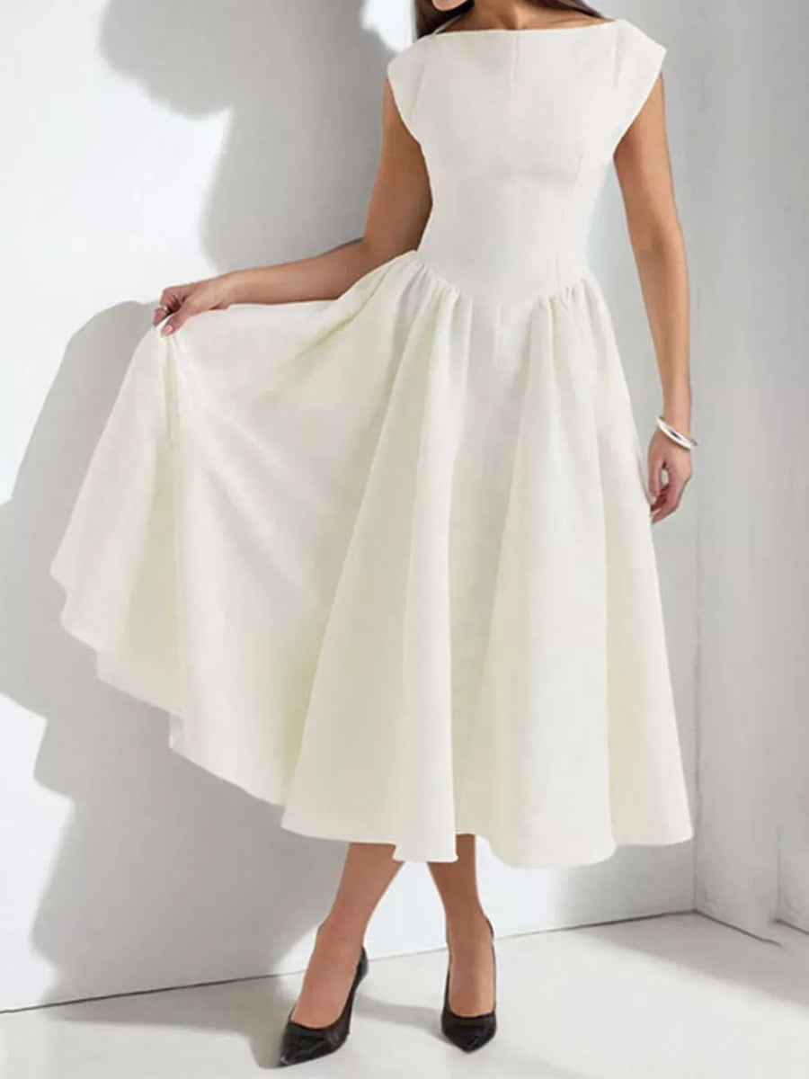Elegant white cap sleeve midi dress with boat neck and full A-line skirt.