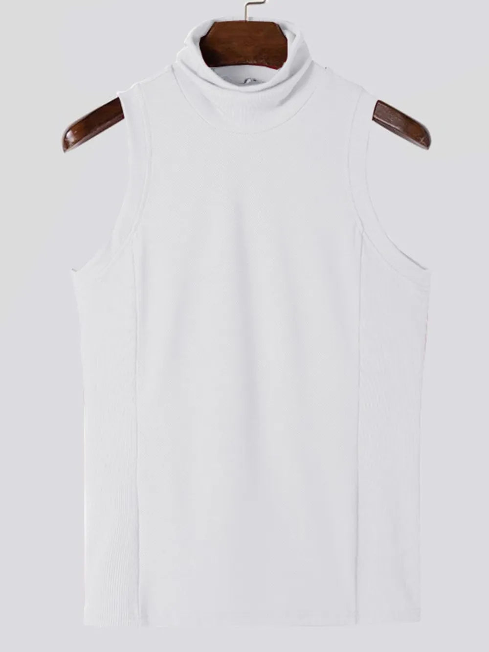 White ribbed sleeveless turtleneck shirt with a high neckline.