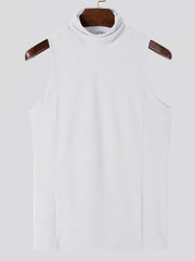 White ribbed sleeveless turtleneck shirt with a high neckline.