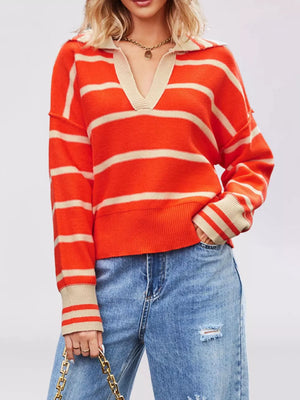 orange pullover sweater with striped and collared