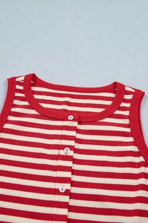 Red and cream striped ribbed knit tank top with button detail