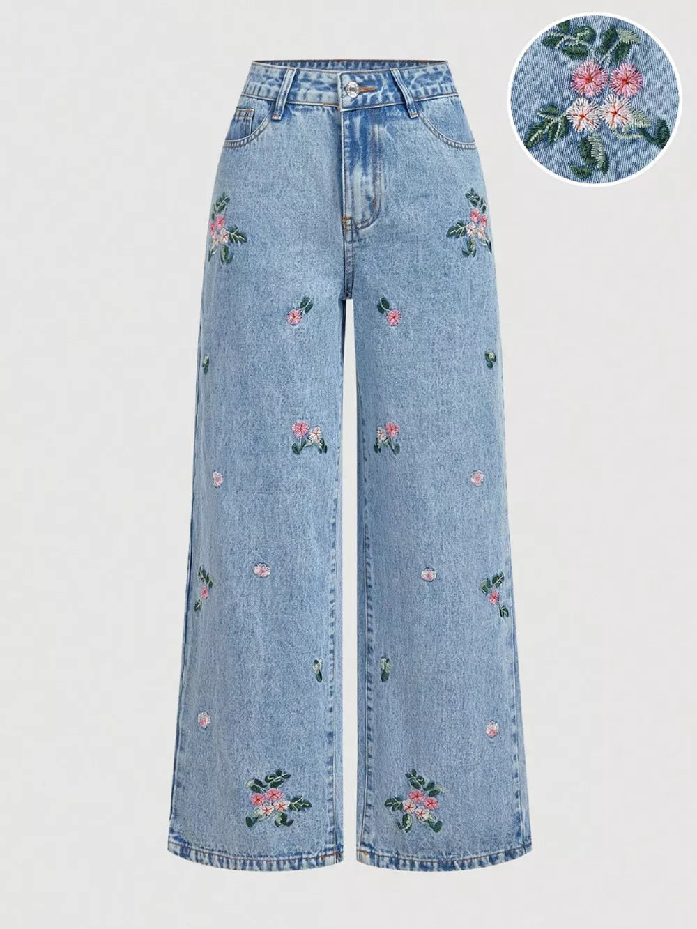 Blue Embroidered Wide Leg Jeans