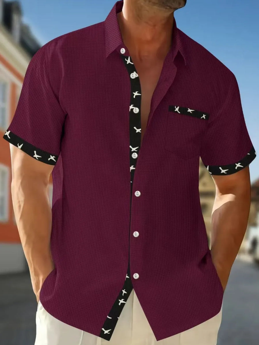 Burgundy waffle weave short sleeve shirt with airplane print contrast trim