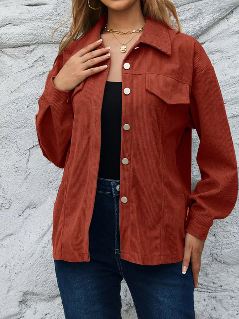 Rust Corduroy Button-down Shirt With Chest Pockets