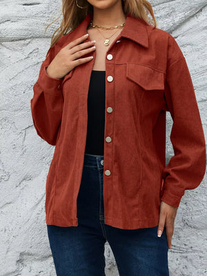 Rust Corduroy Button-down Shirt With Chest Pockets
