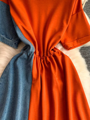 Orange and denim color block casual dress with drawstring waist detail