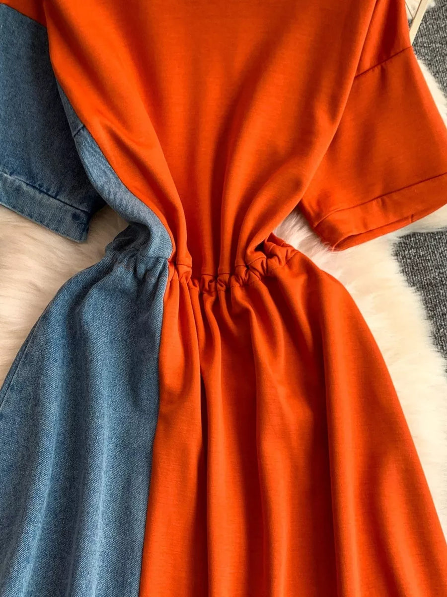 Orange and denim color block casual dress with drawstring waist detail