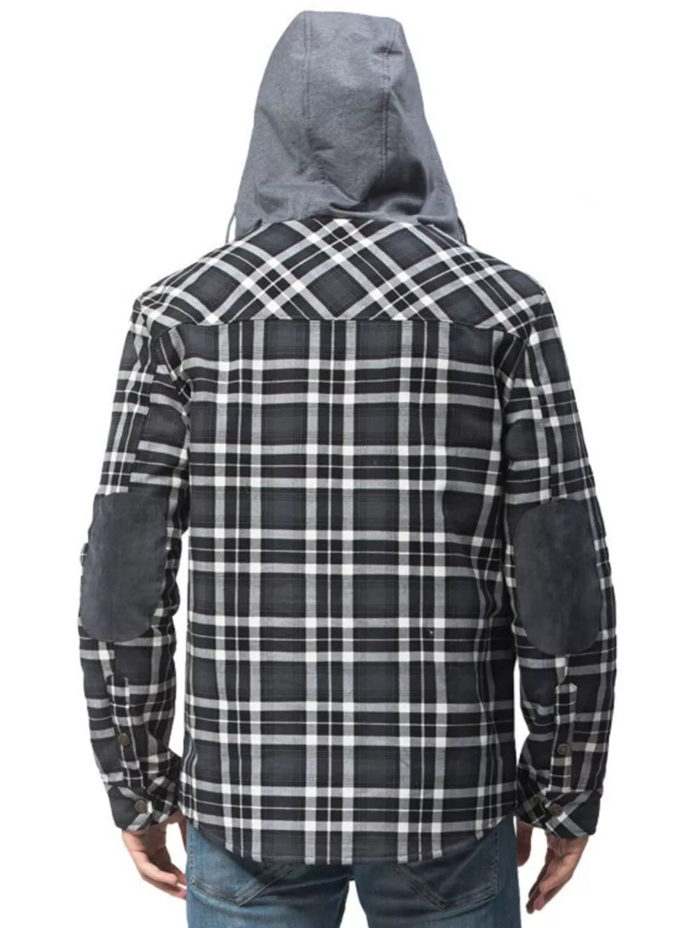 Men's grey plaid flannel hooded jacket with suede elbow patches.