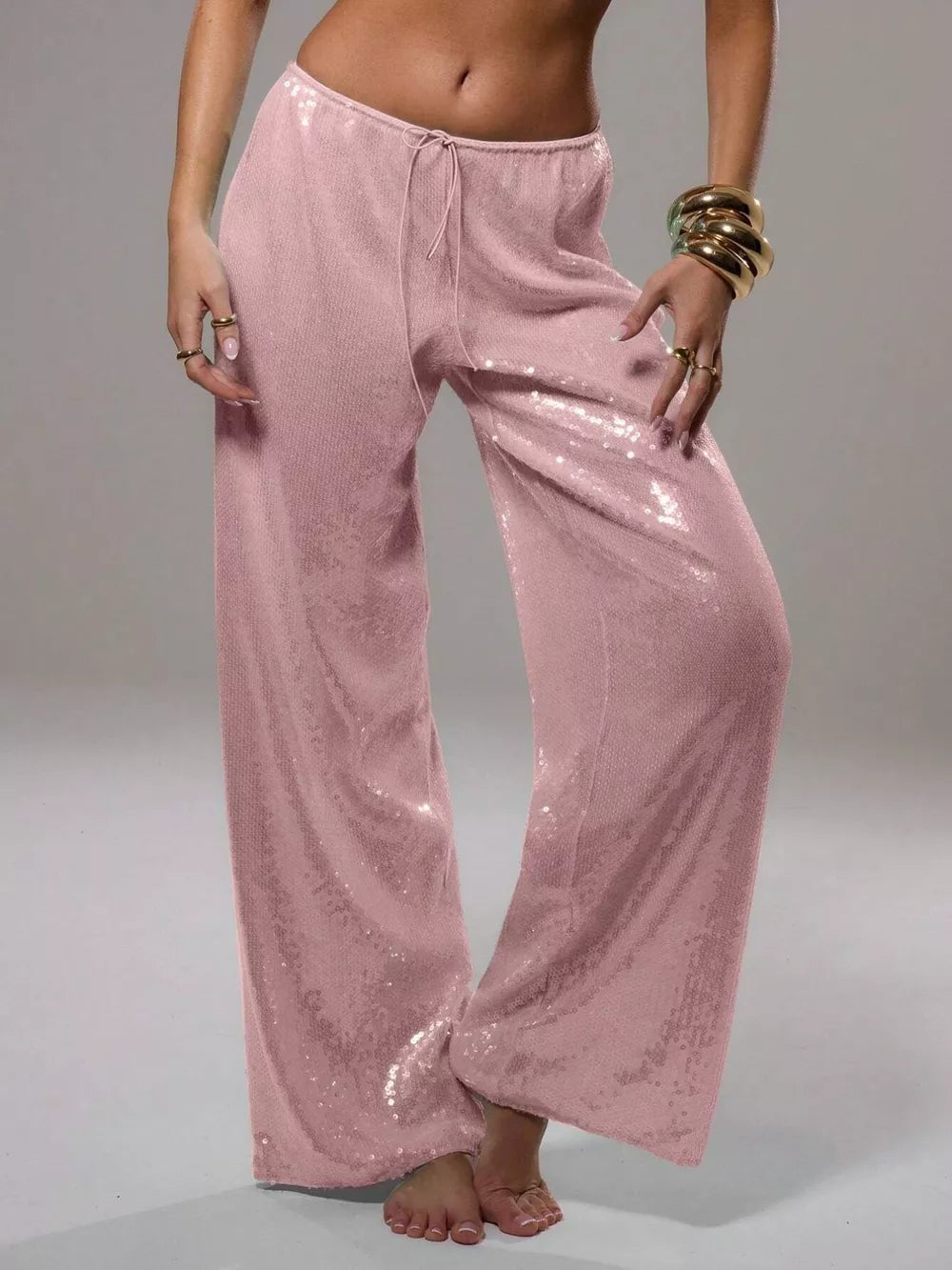 Drawstring wide leg sequin pants in dusty pink with a comfortable cotton blend.