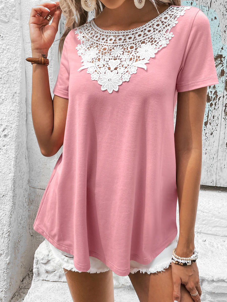 Vonili Green floral lace yoke t-shirt