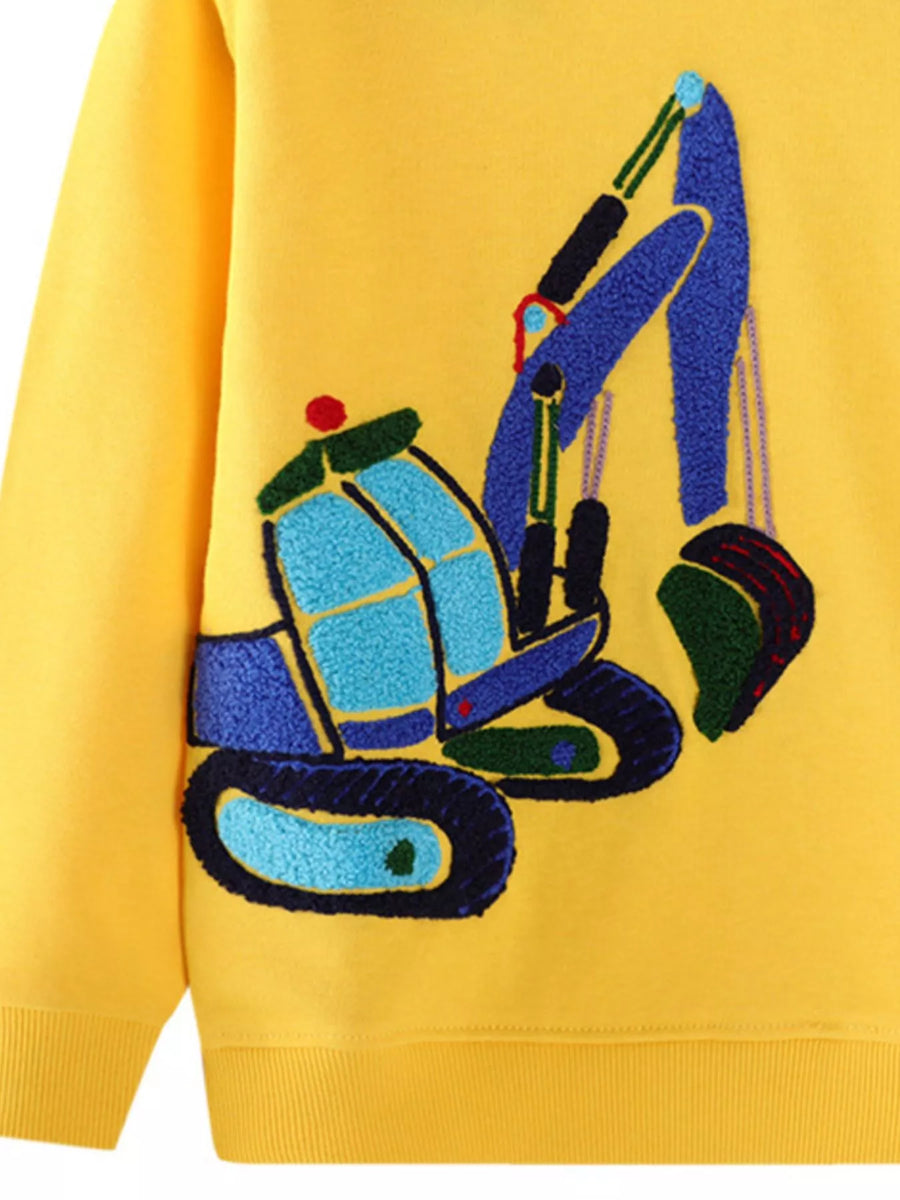 Yellow cotton blend sweatshirt with embroidered blue and green excavator detail.