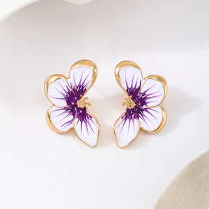 Purple and white butterfly blossom stud earrings with 18K gold plating.