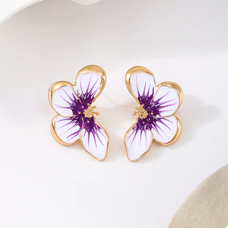 Purple and white butterfly blossom stud earrings with 18K gold plating.