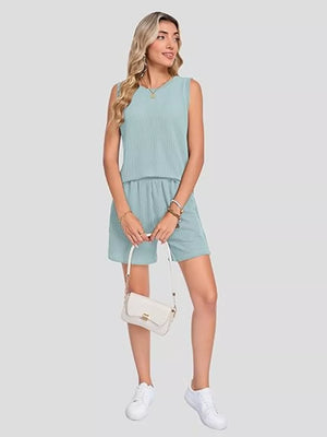 Air Force Blue ribbed knit set with sleeveless top and shorts, featuring pockets.
