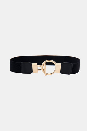 Black elasticated ring buckle belt with gold-tone alloy hardware.