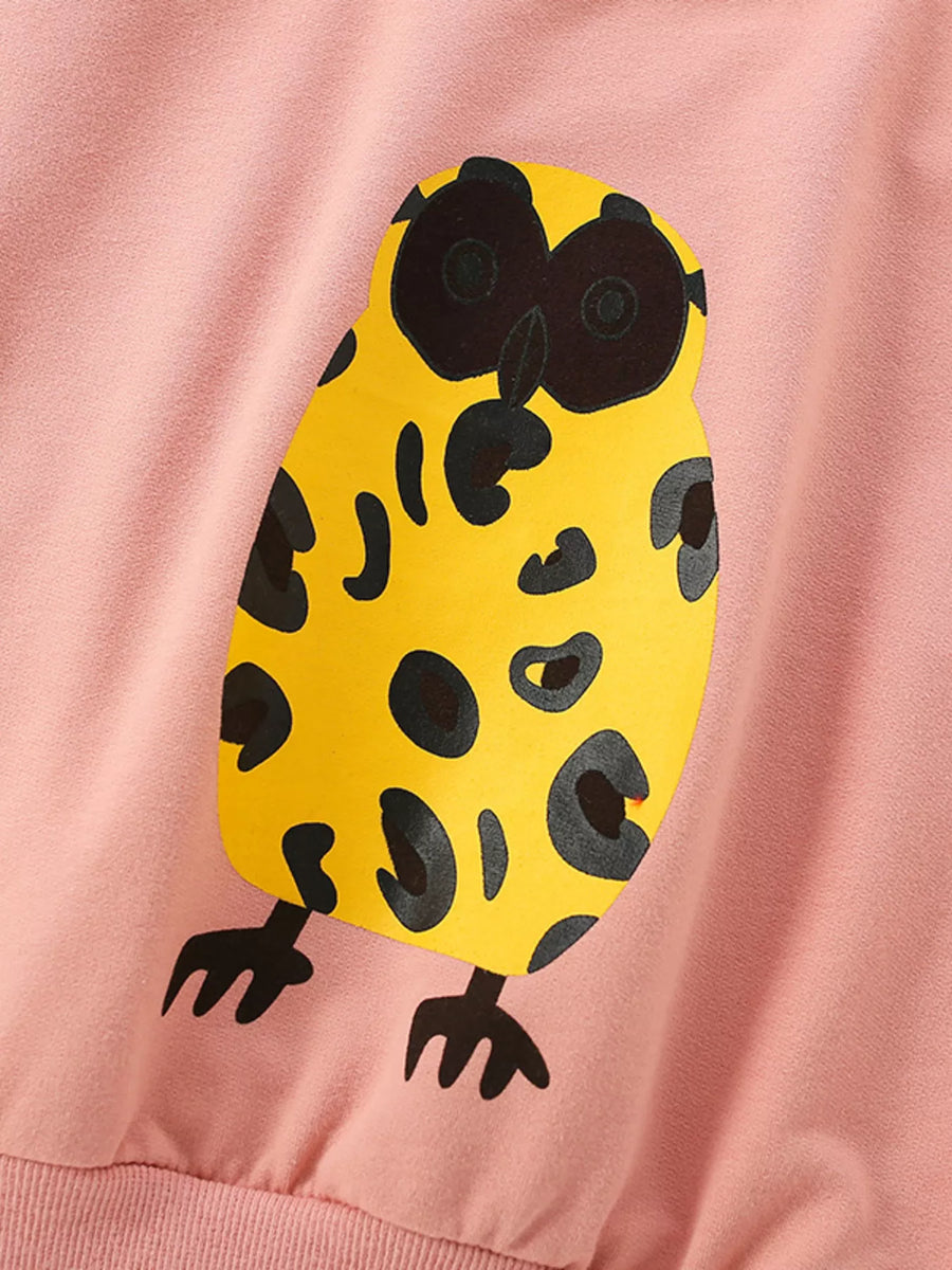 Dusty pink cotton sweatshirt with a yellow owl graphic and leopard print details.
