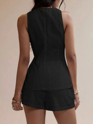 Black cotton two-piece summer set with sleeveless top and shorts.