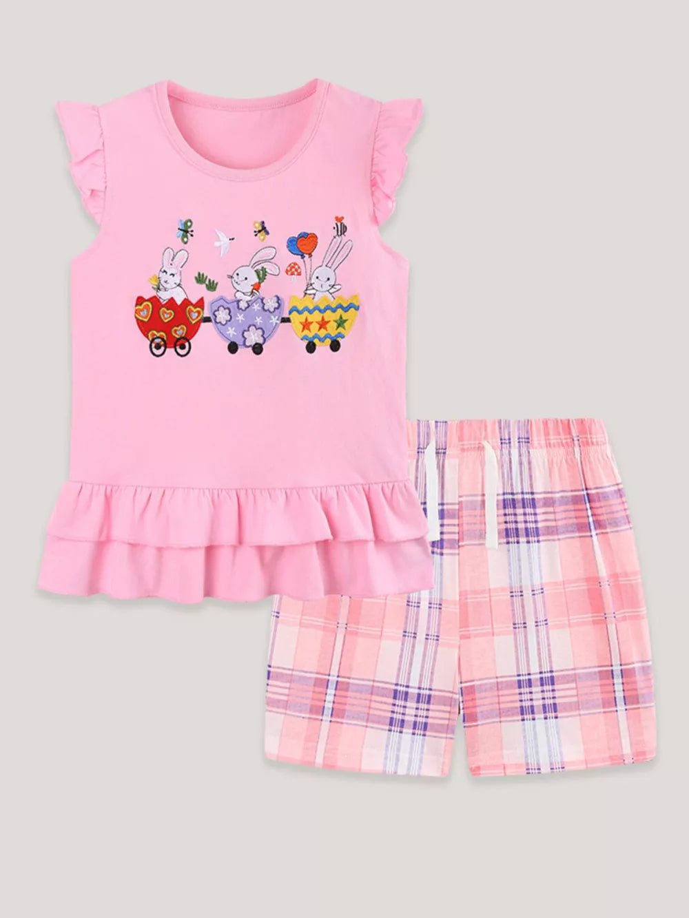 Pink cotton ruffle top with bunny train graphic and plaid shorts set for girls.