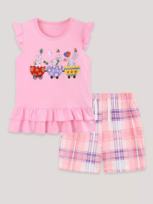 Pink cotton ruffle top with bunny train graphic and plaid shorts set for girls.